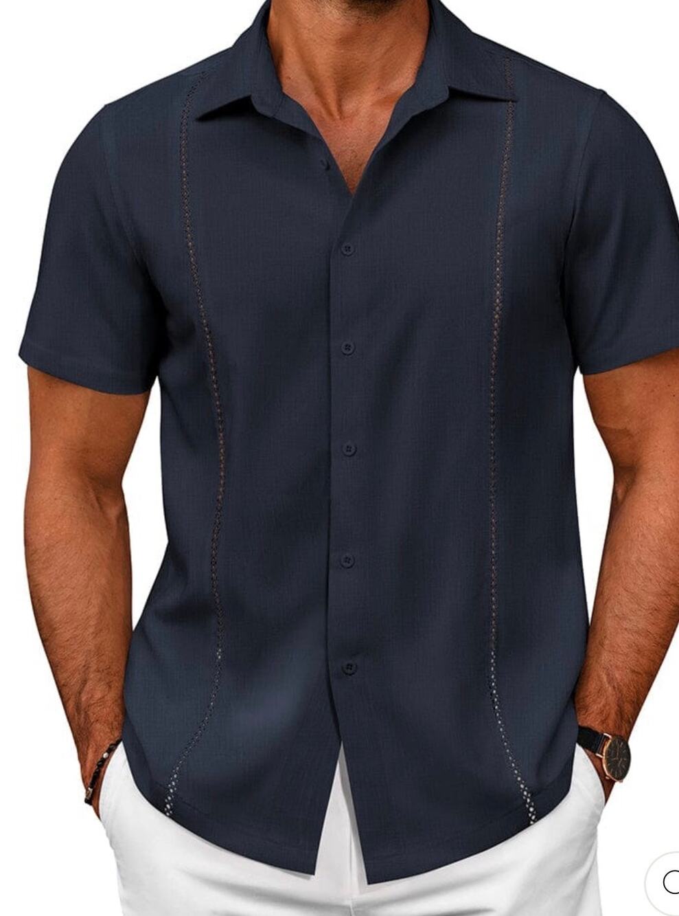 Coofandy Mens Navy Blue Short Sleeve Casual Button Down Linen Shirt Size XL